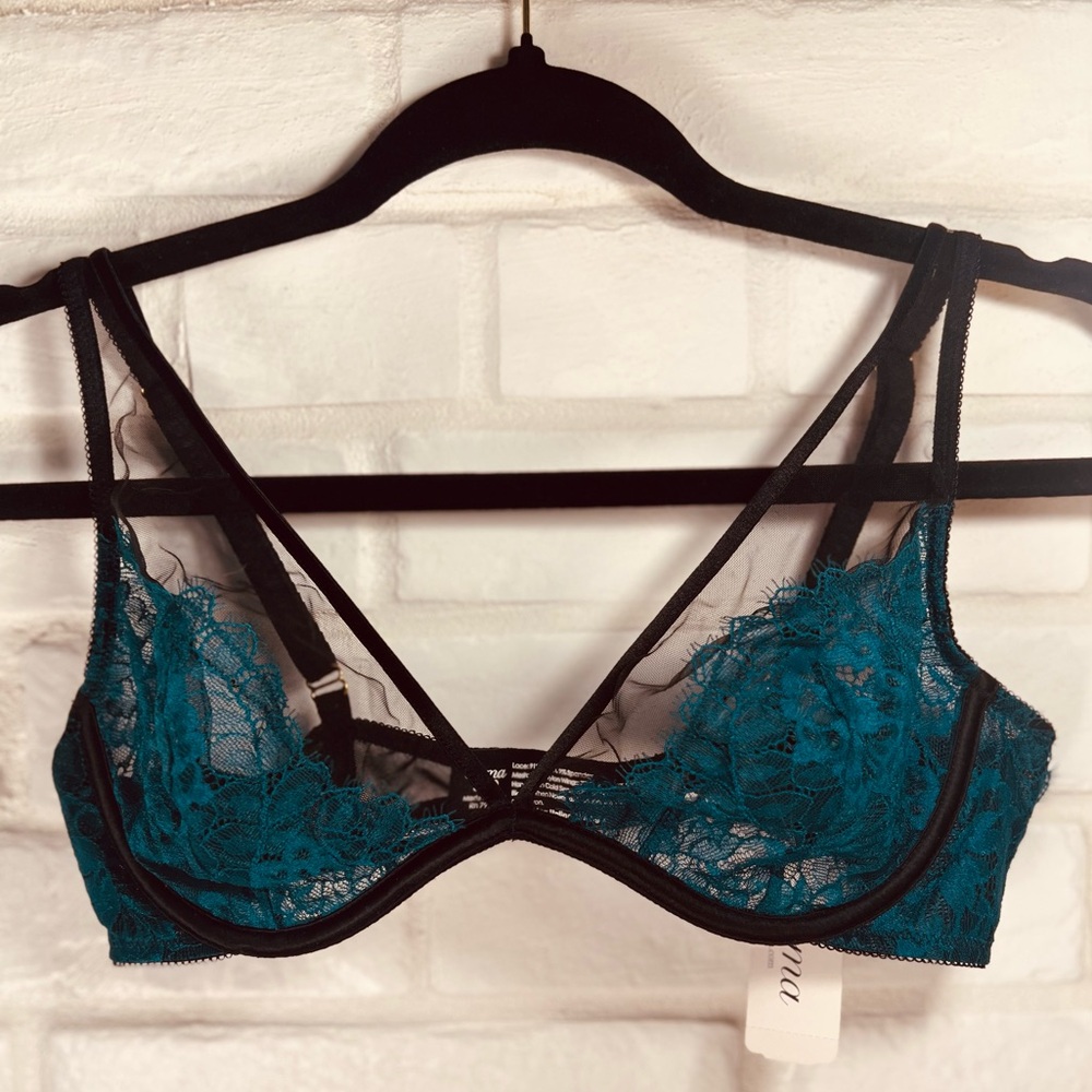 NWT Soma Breathtaking Unlined Underwire Sheer Lace Plunge Bra 34 D Green #0663
